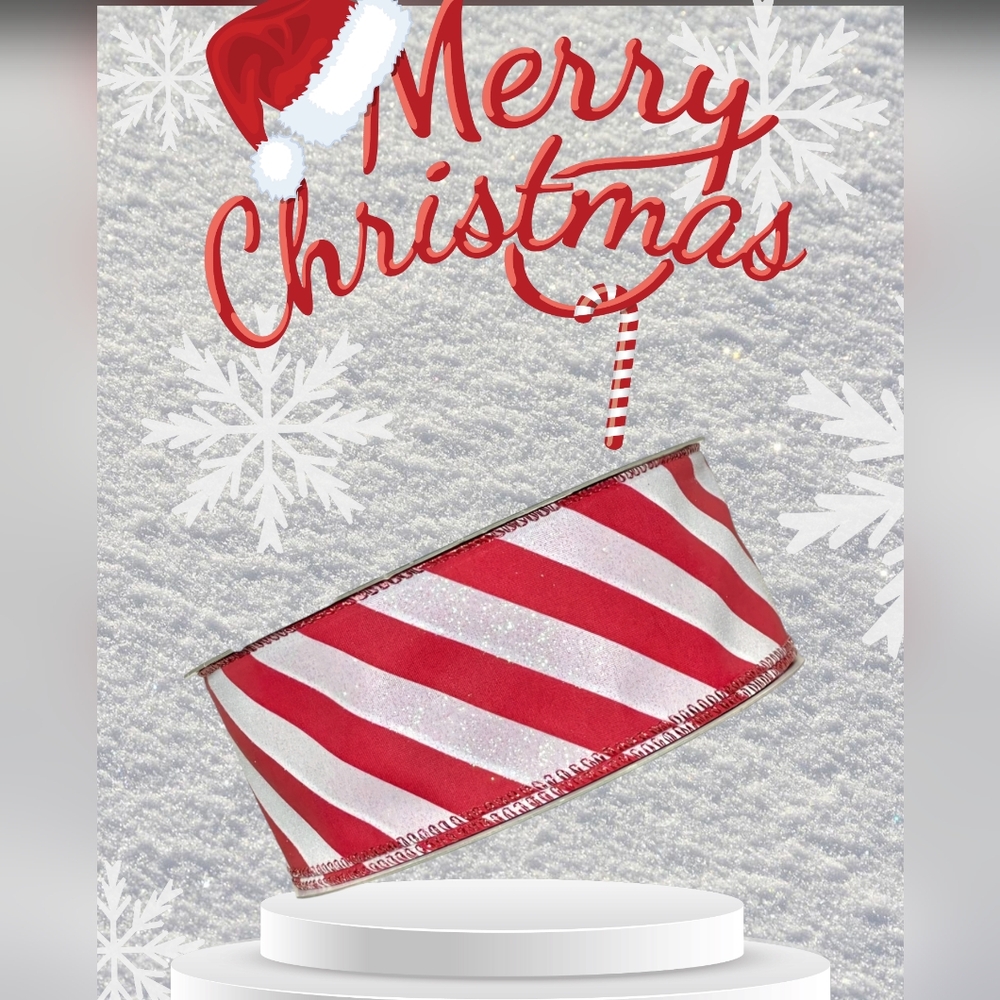 Members Mark Glitter Candy Cane 2.5" Wide 50 Yd Spool Red White Stripe Wired